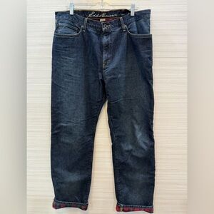 Eddie Bauer Plaid Flannel Lined Relaxed Fit Dark Blue Jeans Men’s 36x34
